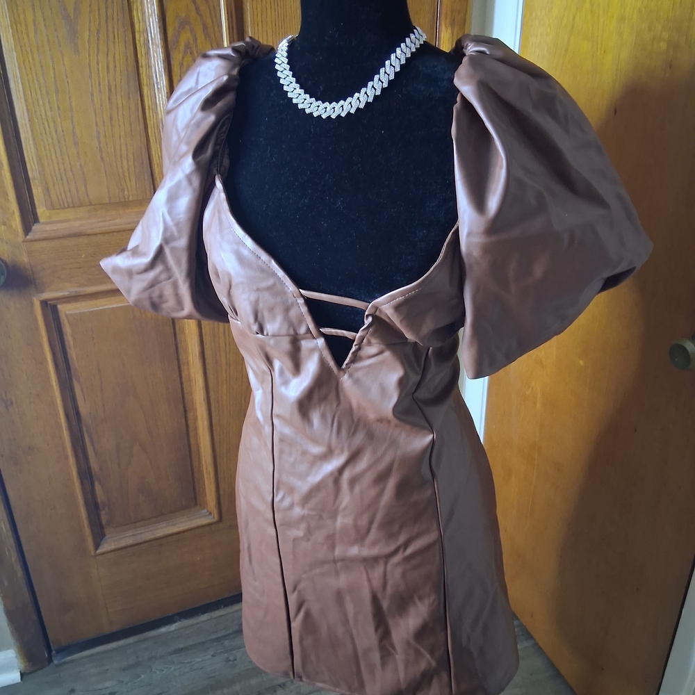 Fashion Nova Brown Puff-Sleeve Faux Leather Mini Dress - Picture 2 of 3